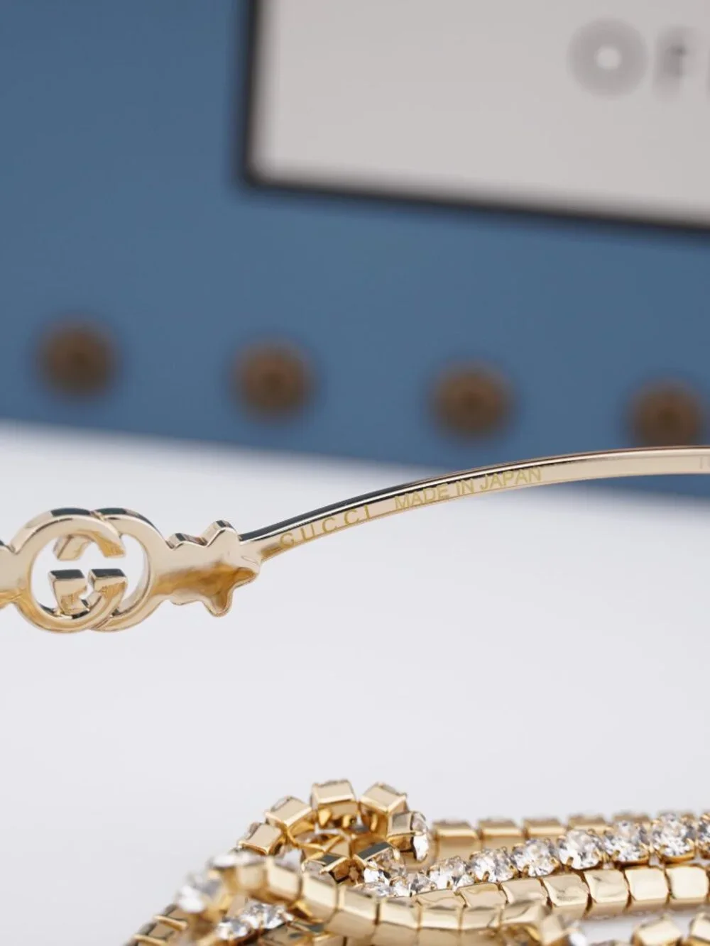 Gucci GG1568S 001 Rectangle Sunglasses - Gold with Gold Chain/Grey